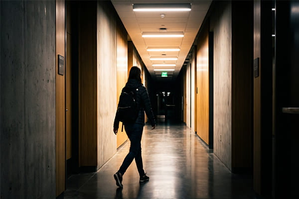 A person walking down a hallway with lights turning on ahead of them and off behind them.